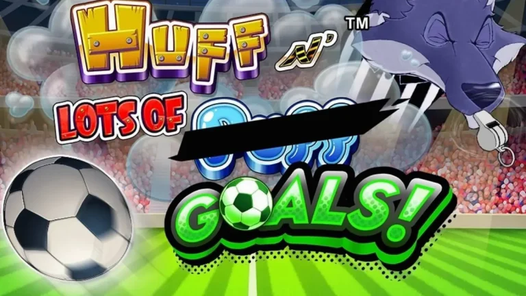Tampilan visual slot Huff N’ Lots of Goals dengan tema sepak bola dan tiga babi kecil
