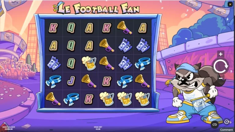 Tampilan visual slot Le Football Fan dengan maskot rakun dan elemen stadion sepak bola