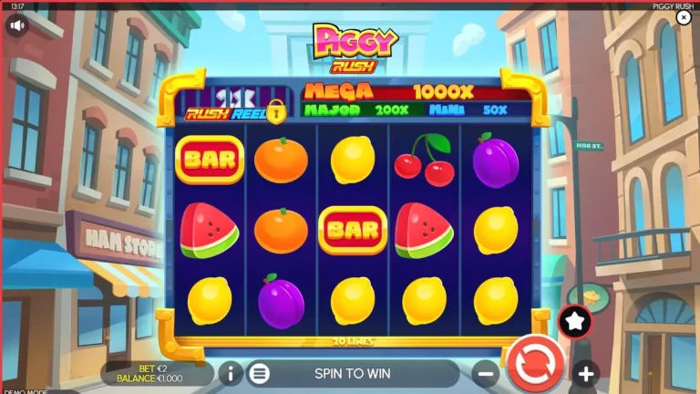 Tampilan antarmuka slot Piggy Rush pada layar perangkat seluler yang menunjukkan grafis ceria dan kontrol yang mudah diakses.