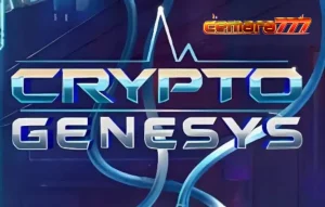 Tampilan visual slot Crypto Genesys dengan tema cyberpunk dan simbol kripto.
