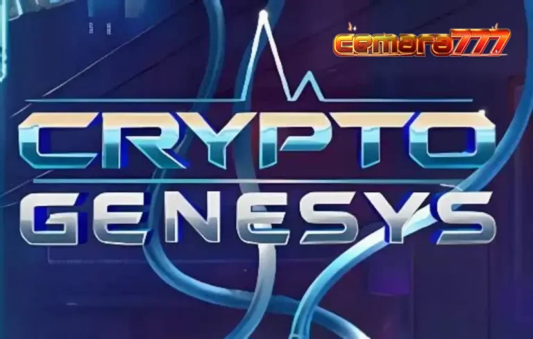 Tampilan visual slot Crypto Genesys dengan tema cyberpunk dan simbol kripto.